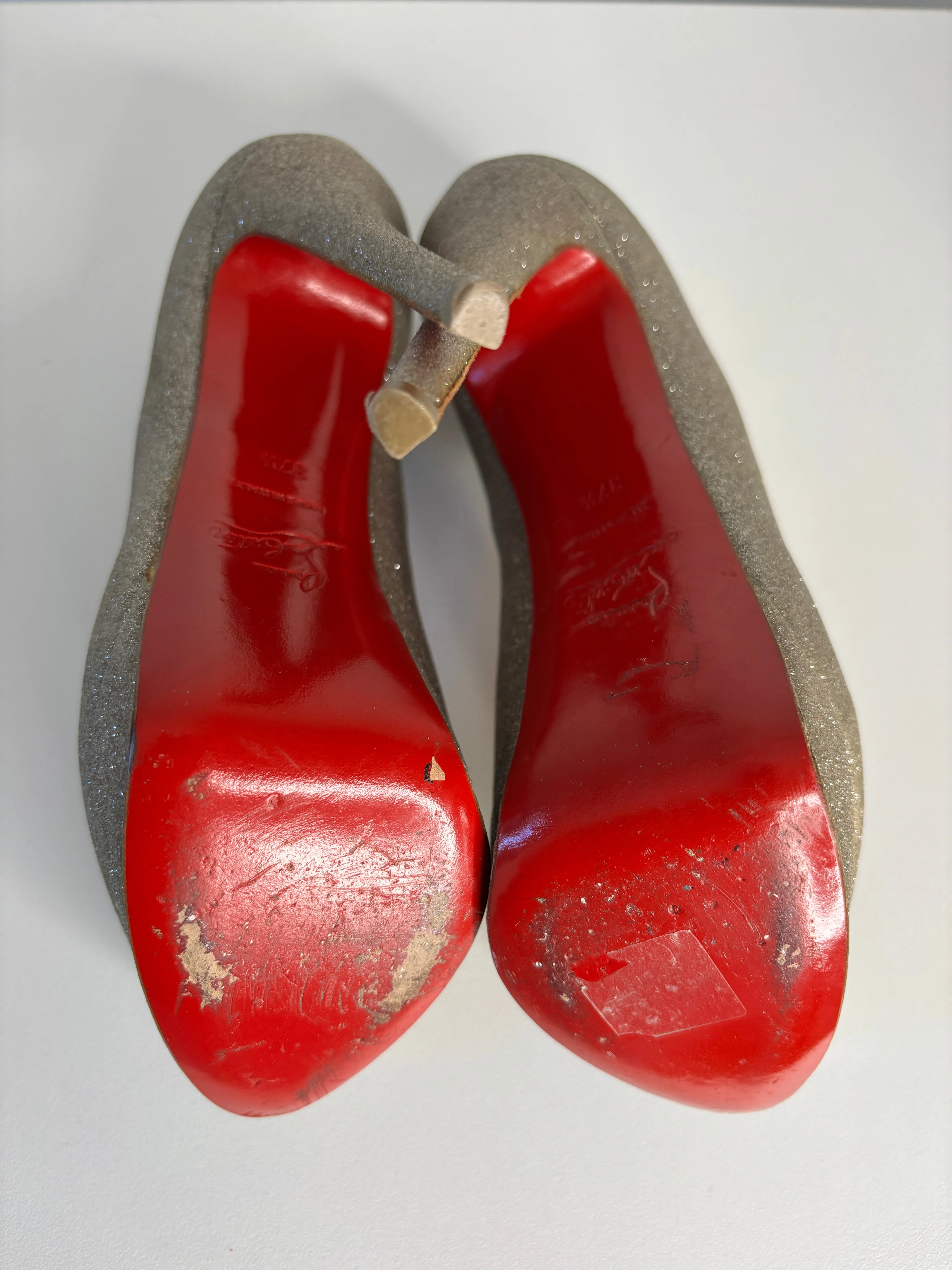 Christian Louboutin Lady Peep Silver Glitter Platform Heels 37.5 Uk4.5 - Preloved