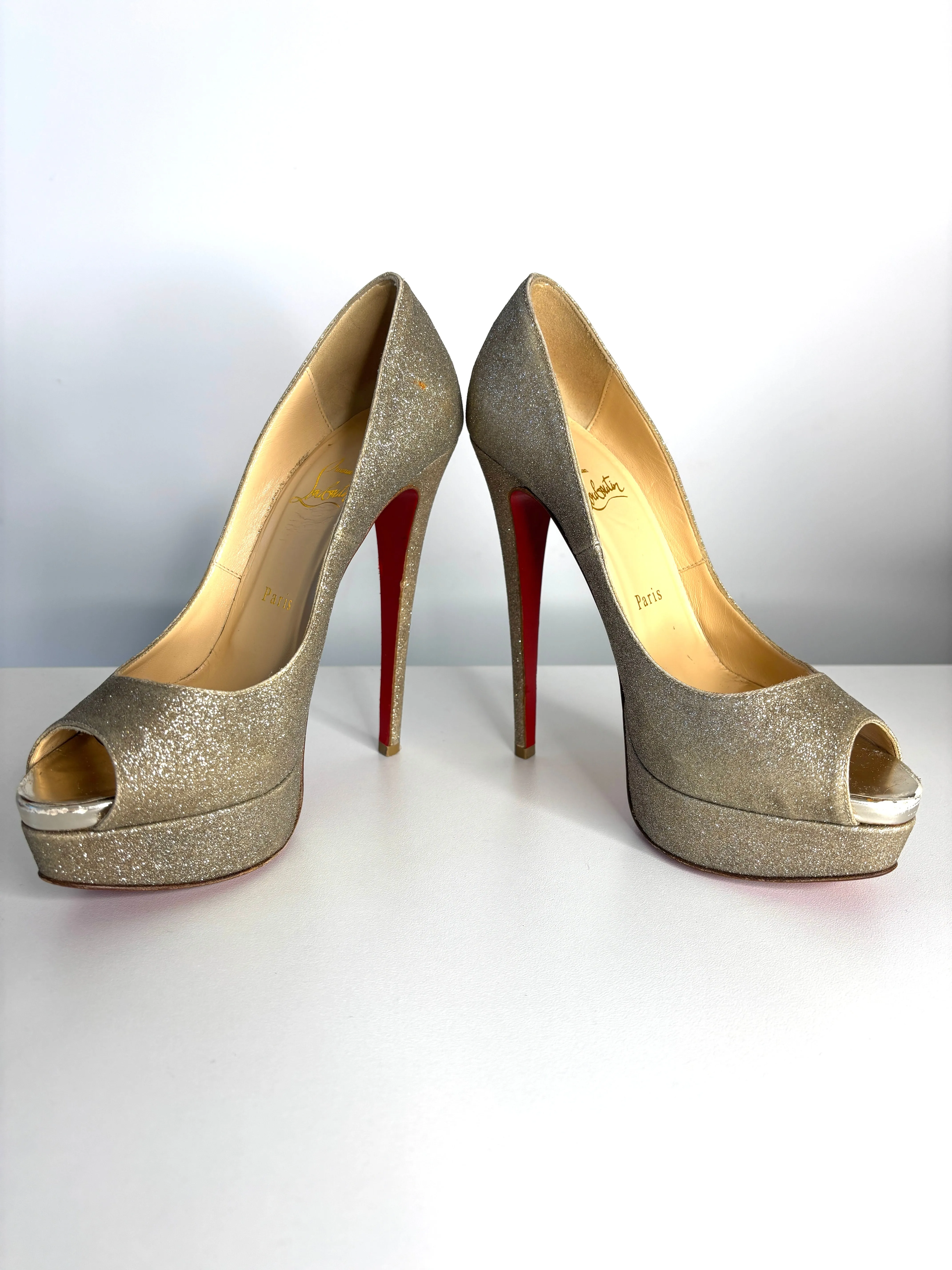 Christian Louboutin Lady Peep Silver Glitter Platform Heels 37.5 Uk4.5 - Preloved