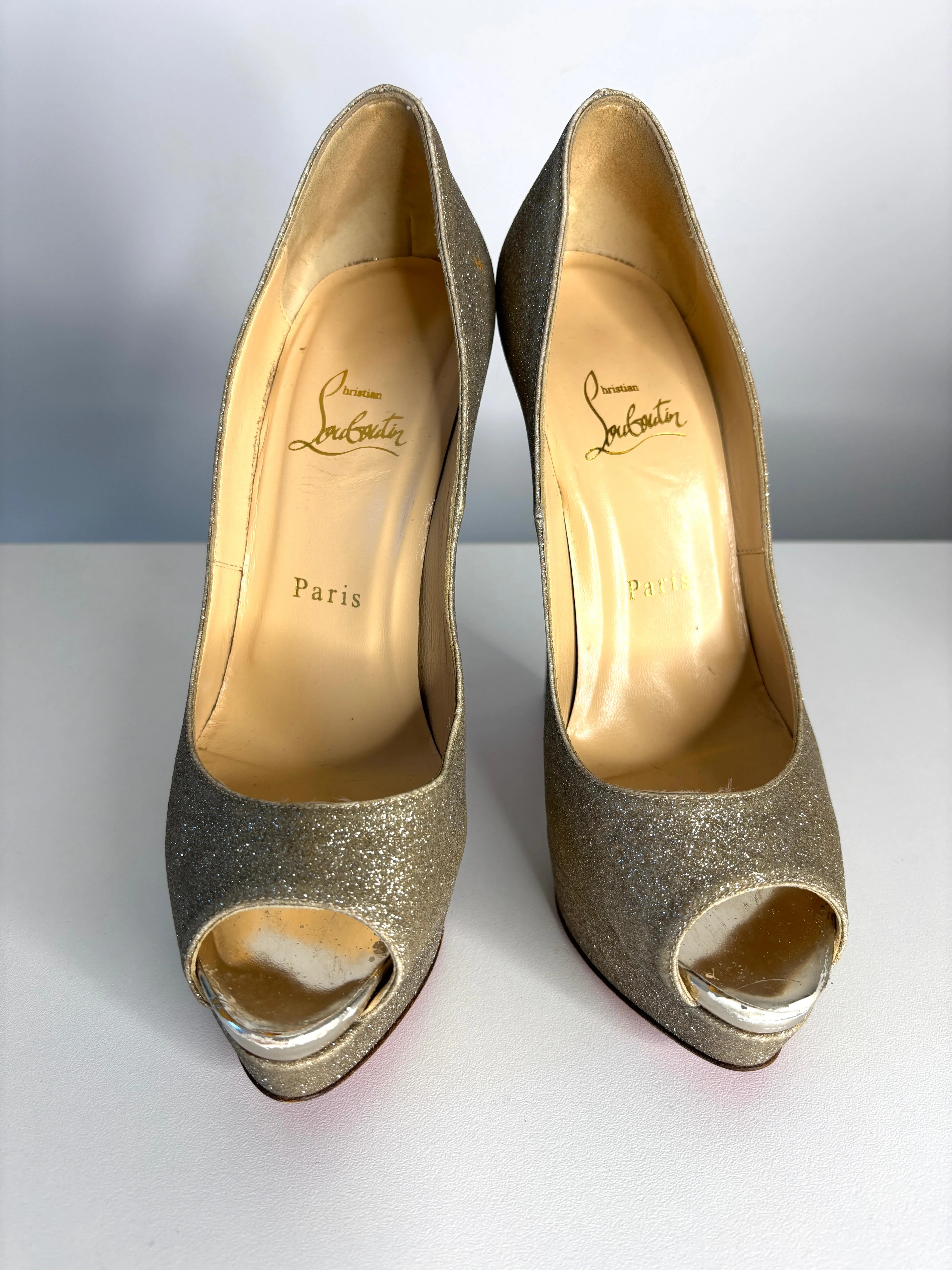 Christian Louboutin Lady Peep Silver Glitter Platform Heels 37.5 Uk4.5 - Preloved