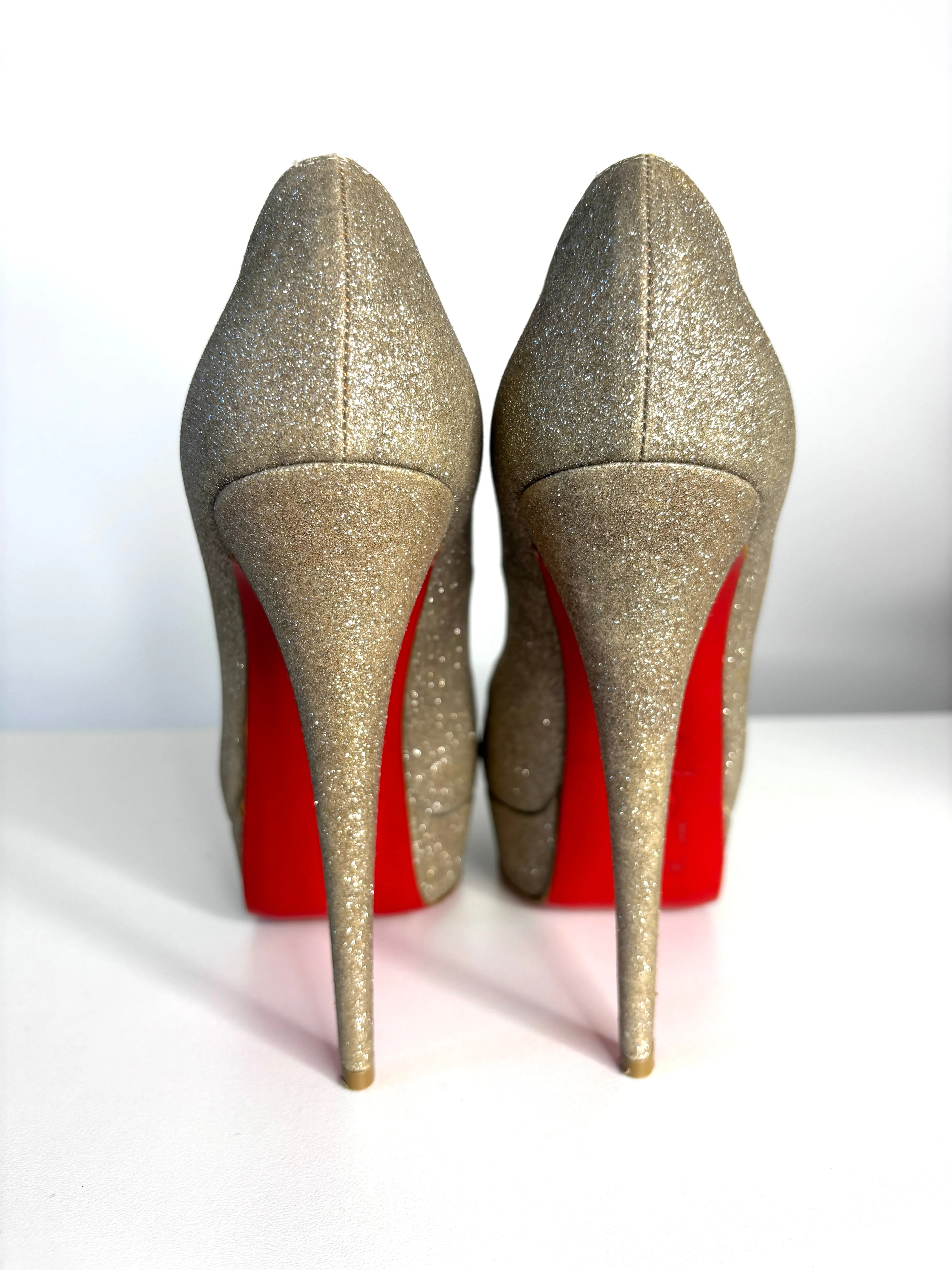 Christian Louboutin Lady Peep Silver Glitter Platform Heels 37.5 Uk4.5 - Preloved