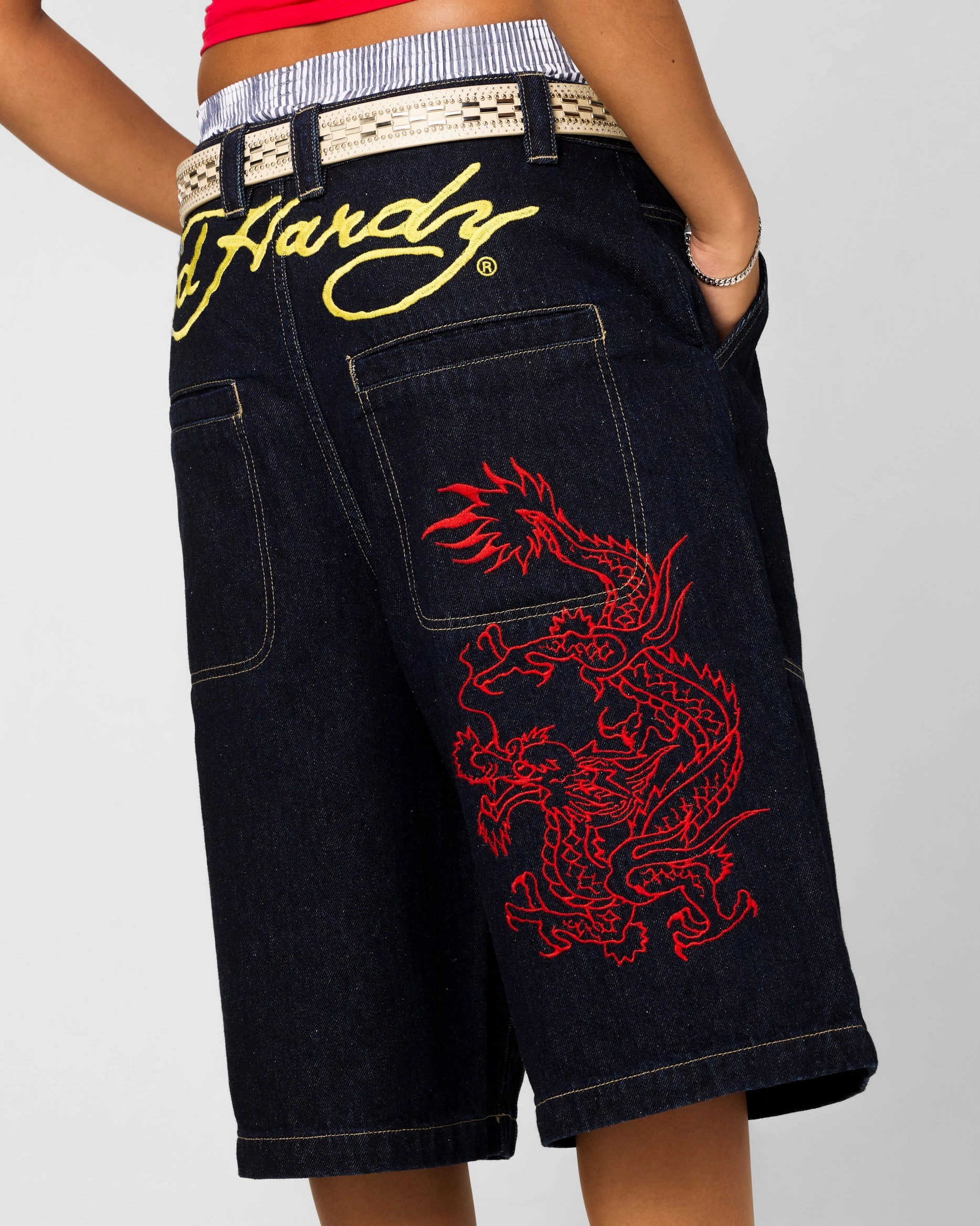 Ed Hardy Dragon Jorts Indigo Sleek Fit Structured fabric