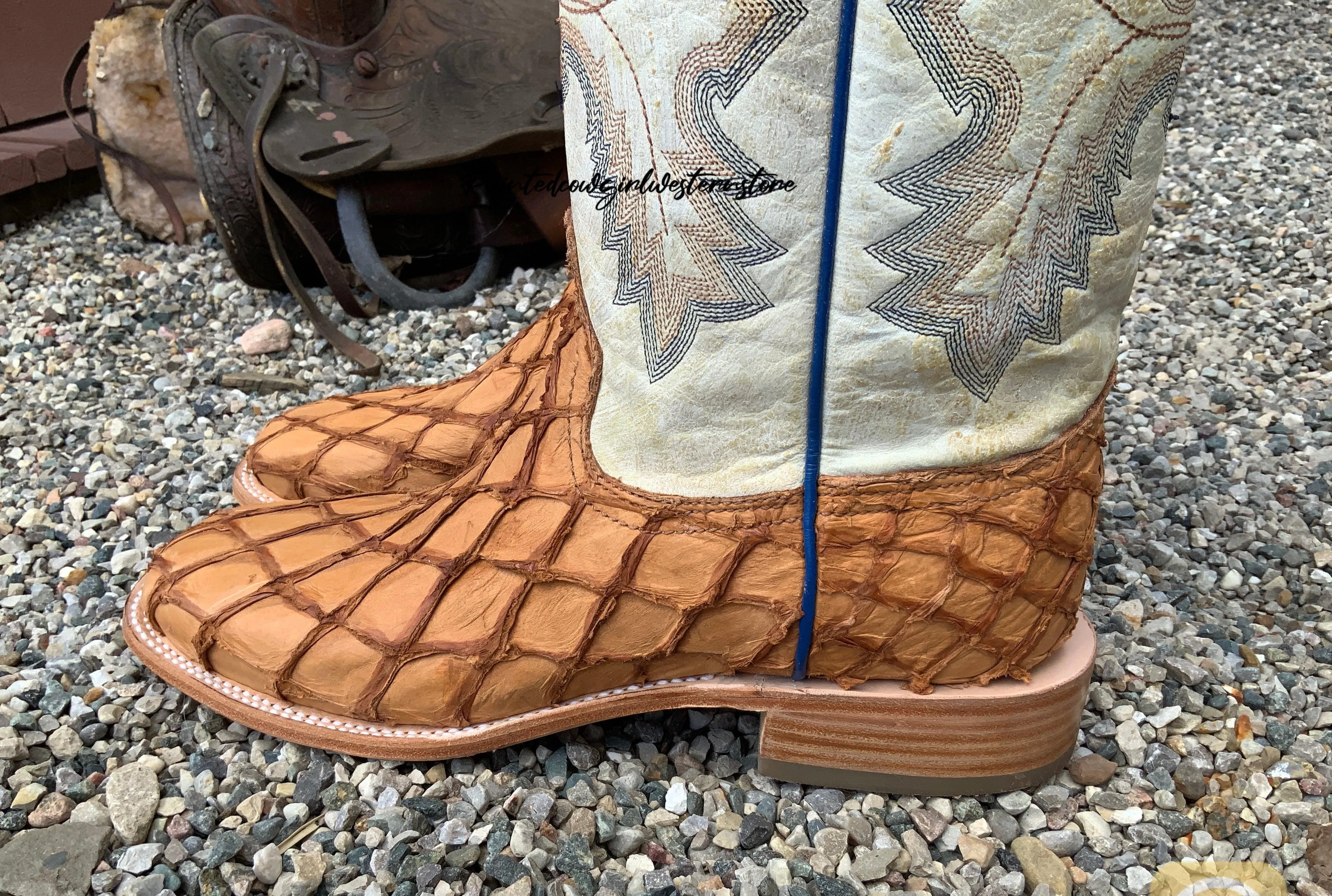 Corral Men’s Cognac Pirarucu Big Bass Fish and White Shaft Square Toe Cowboy Boots A4050