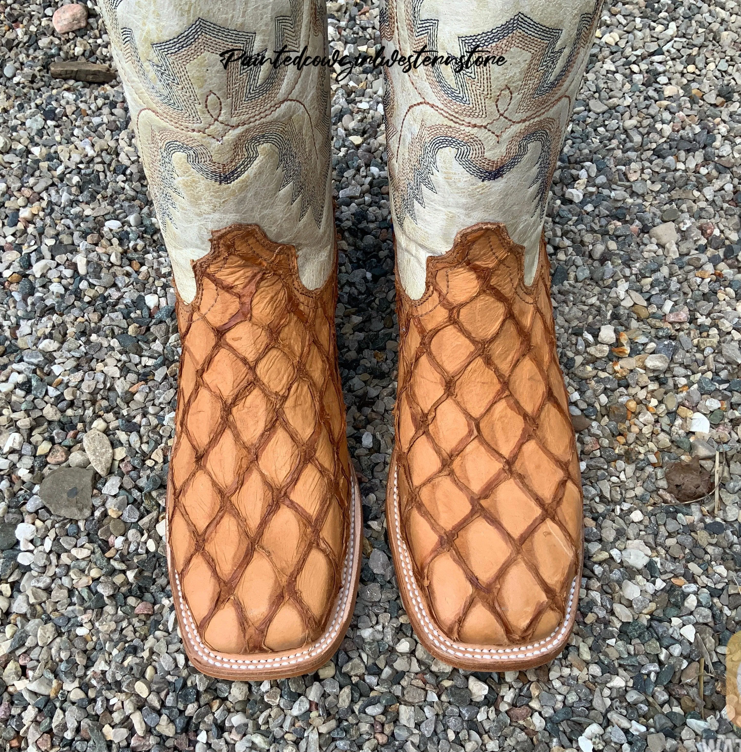 Corral Men’s Cognac Pirarucu Big Bass Fish and White Shaft Square Toe Cowboy Boots A4050