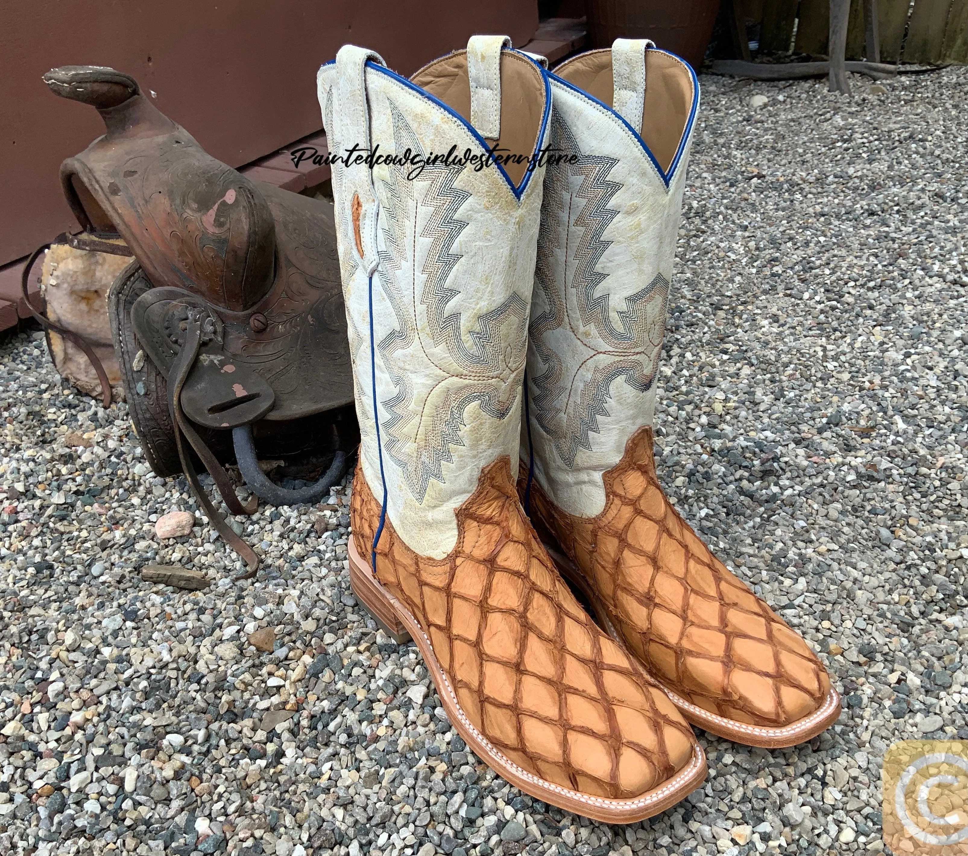 Corral Men’s Cognac Pirarucu Big Bass Fish and White Shaft Square Toe Cowboy Boots A4050