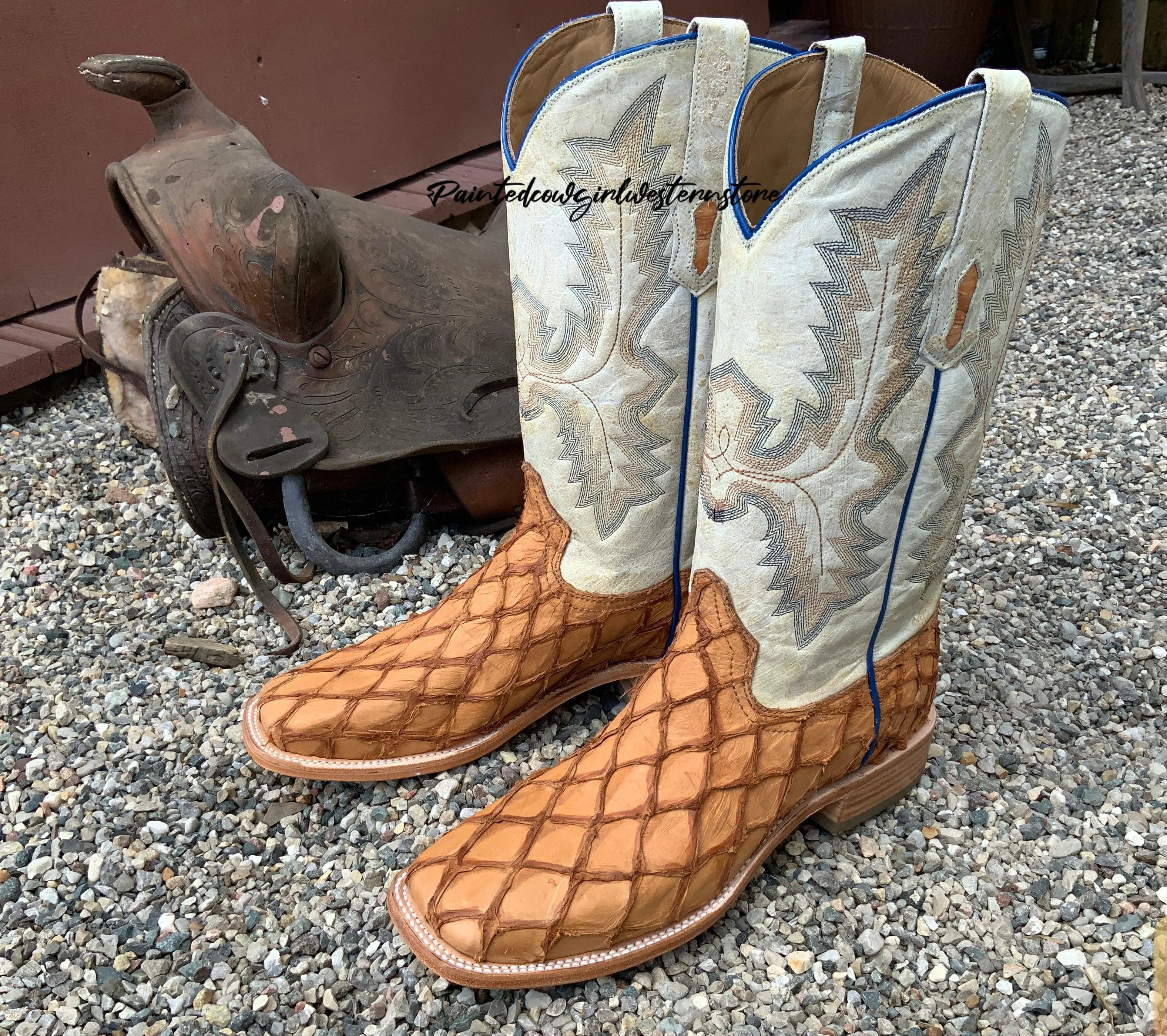 Corral Men’s Cognac Pirarucu Big Bass Fish and White Shaft Square Toe Cowboy Boots A4050