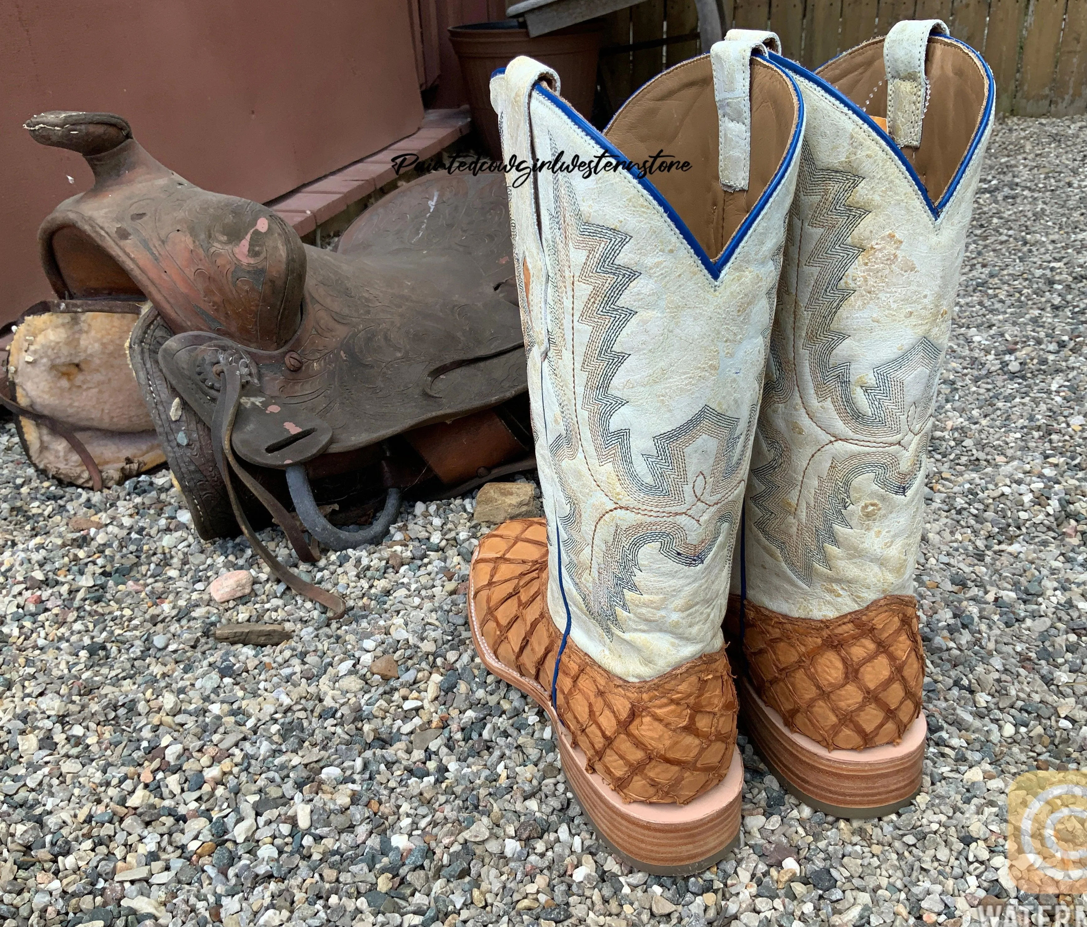 Corral Men’s Cognac Pirarucu Big Bass Fish and White Shaft Square Toe Cowboy Boots A4050