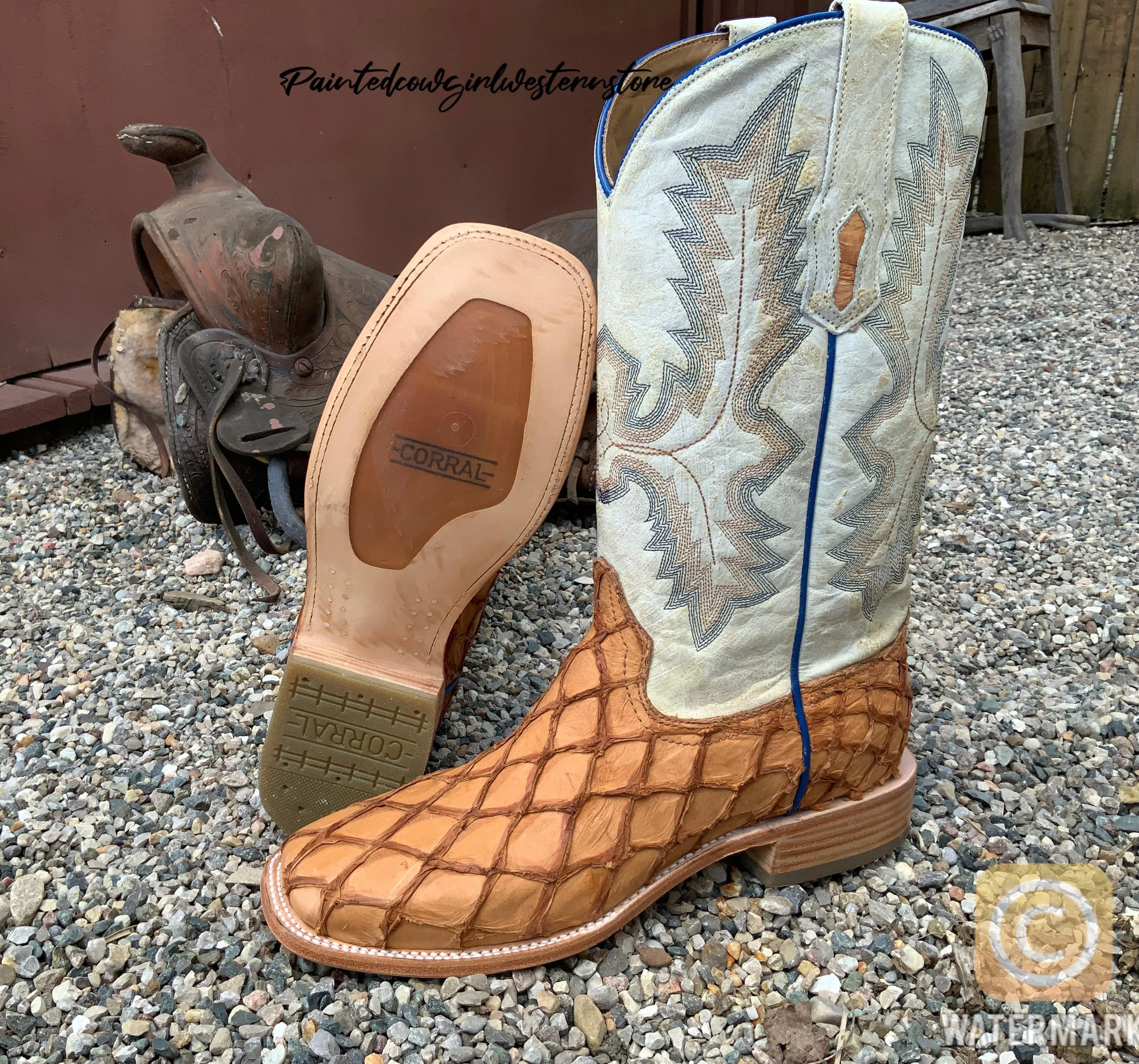 Corral Men’s Cognac Pirarucu Big Bass Fish and White Shaft Square Toe Cowboy Boots A4050