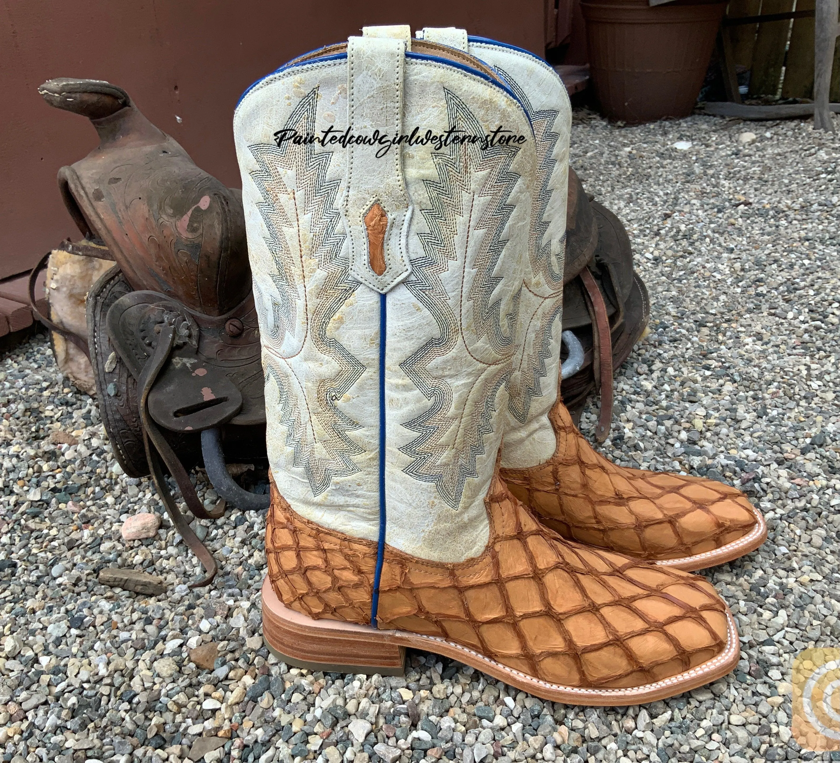 Corral Men’s Cognac Pirarucu Big Bass Fish and White Shaft Square Toe Cowboy Boots A4050