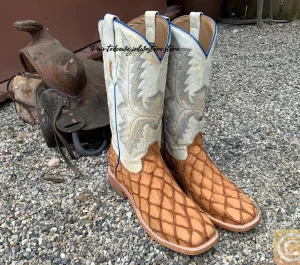 Corral Men’s Cognac Pirarucu Big Bass Fish and White Shaft Square Toe Cowboy Boots A4050