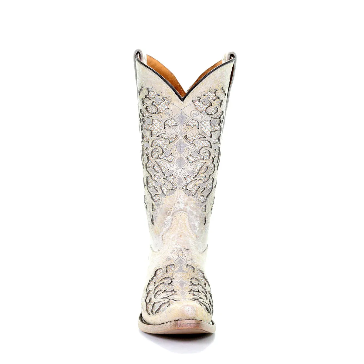 CORRAL TEEN WHITE GLITTER INLAY & EMBROIDERED SNIP TOE BOOT