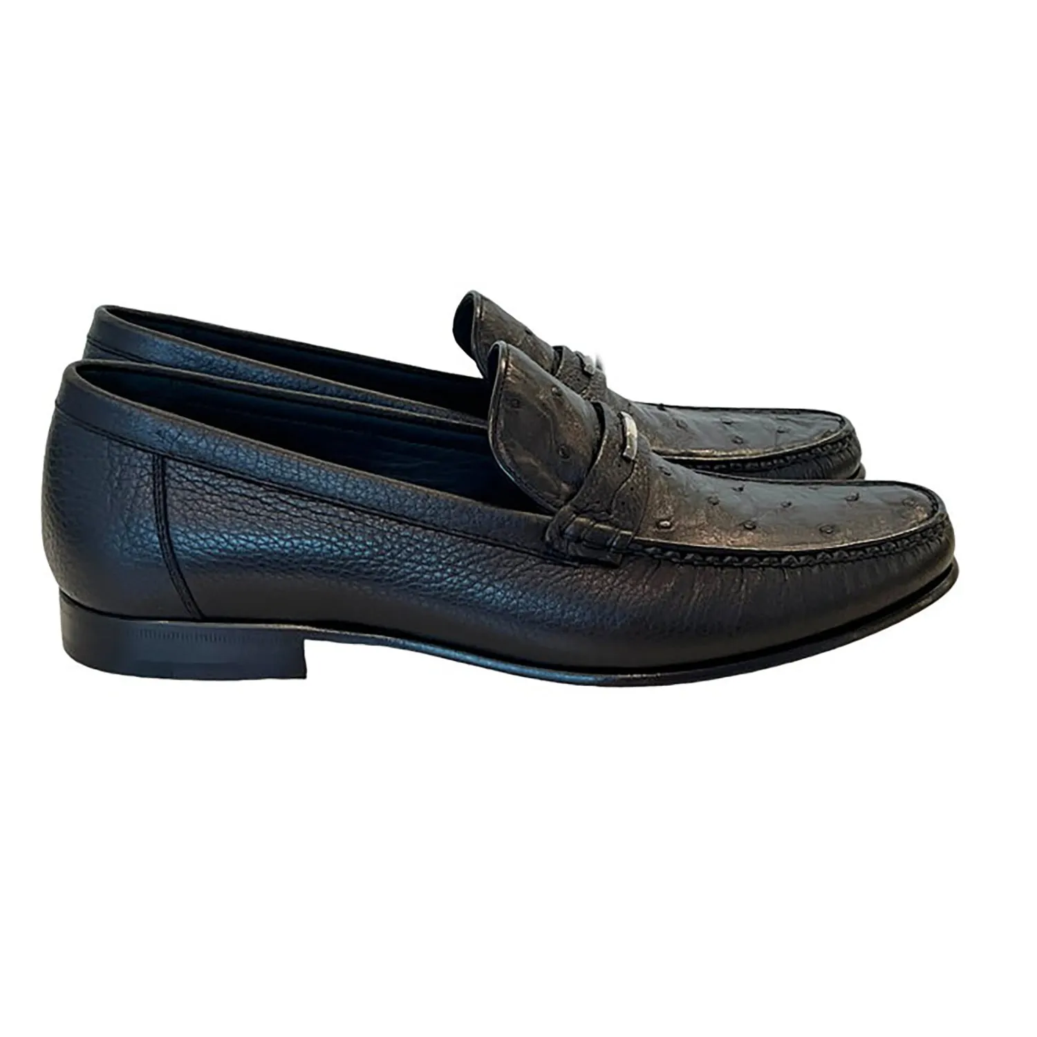 Corrente C0014051-3898Ost Men's Shoes Black Exotic Ostrich / Deer-Skin Moccasin Loafers (CRT1471)