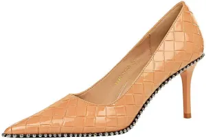 CosyFever Womens DC131 Grid Fashion Dress Pointed Toe Patent-Leather Mid Stiletto Pumps