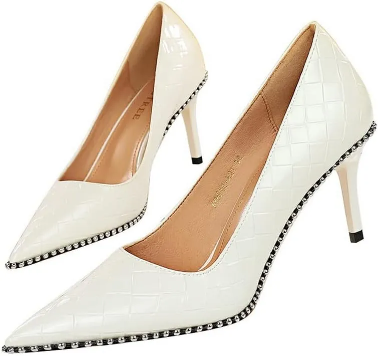 CosyFever Womens DC131 Grid Fashion Dress Pointed Toe Patent-Leather Mid Stiletto Pumps