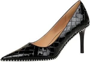 CosyFever Womens DC131 Grid Fashion Dress Pointed Toe Patent-Leather Mid Stiletto Pumps