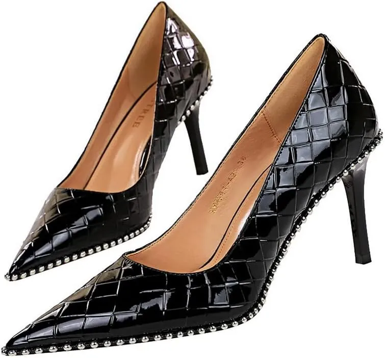CosyFever Womens DC131 Grid Fashion Dress Pointed Toe Patent-Leather Mid Stiletto Pumps