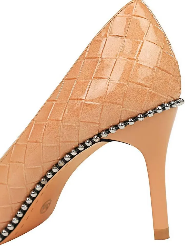 CosyFever Womens DC131 Grid Fashion Dress Pointed Toe Patent-Leather Mid Stiletto Pumps