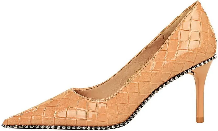 CosyFever Womens DC131 Grid Fashion Dress Pointed Toe Patent-Leather Mid Stiletto Pumps