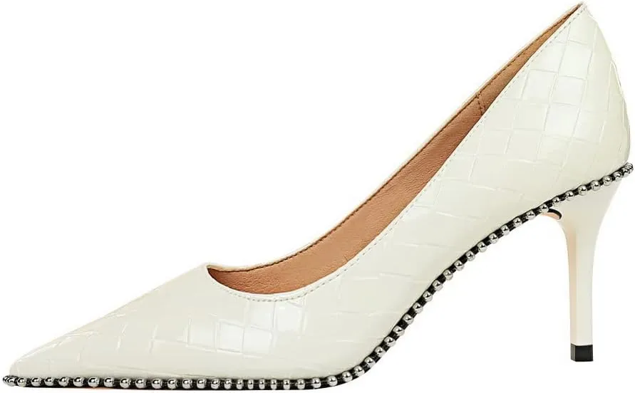 CosyFever Womens DC131 Grid Fashion Dress Pointed Toe Patent-Leather Mid Stiletto Pumps