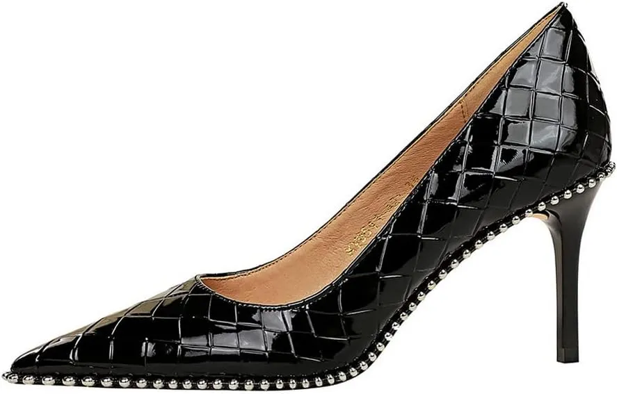 CosyFever Womens DC131 Grid Fashion Dress Pointed Toe Patent-Leather Mid Stiletto Pumps