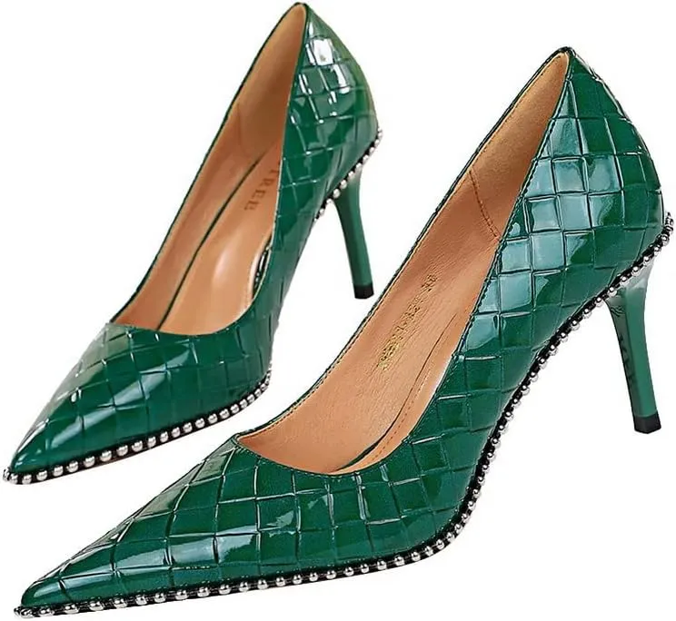 CosyFever Womens DC131 Grid Fashion Dress Pointed Toe Patent-Leather Mid Stiletto Pumps