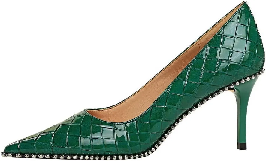 CosyFever Womens DC131 Grid Fashion Dress Pointed Toe Patent-Leather Mid Stiletto Pumps