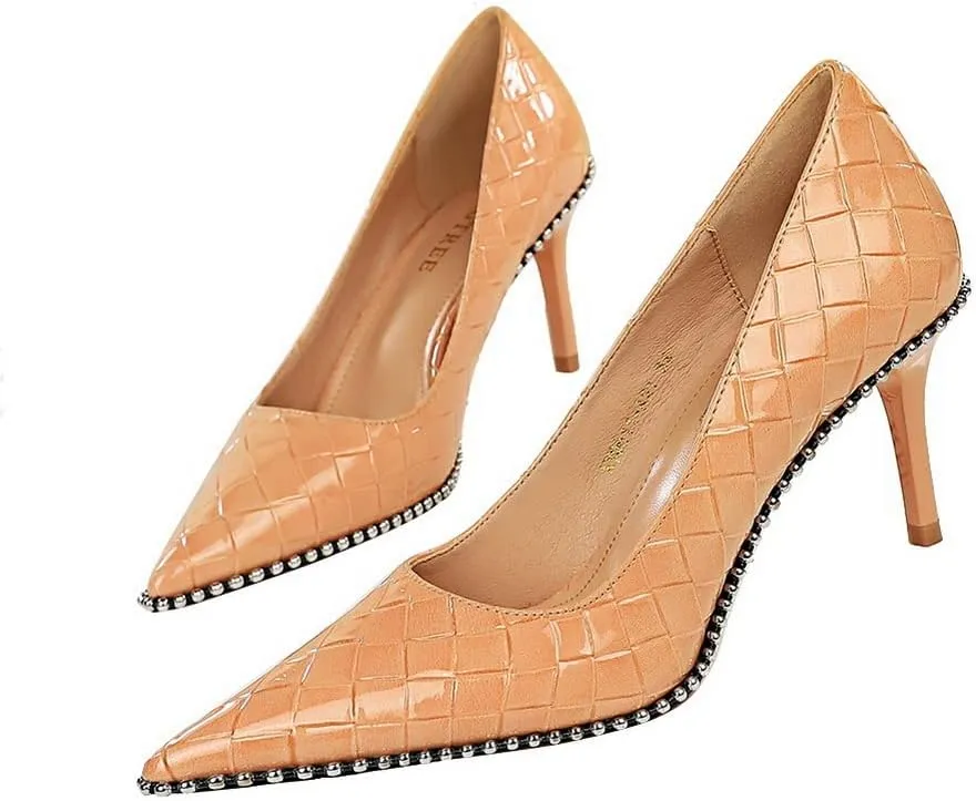 CosyFever Womens DC131 Grid Fashion Dress Pointed Toe Patent-Leather Mid Stiletto Pumps