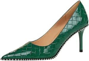 CosyFever Womens DC131 Grid Fashion Dress Pointed Toe Patent-Leather Mid Stiletto Pumps