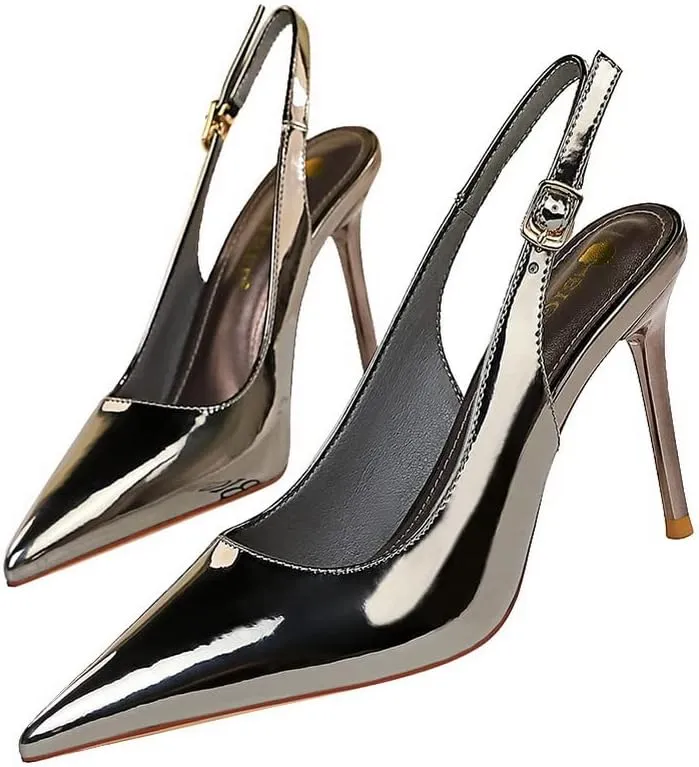 CosyFever Womens DC134 Pointed Toe Adjustable Strap Clasp Patent-Leather High Stiletto Pumps