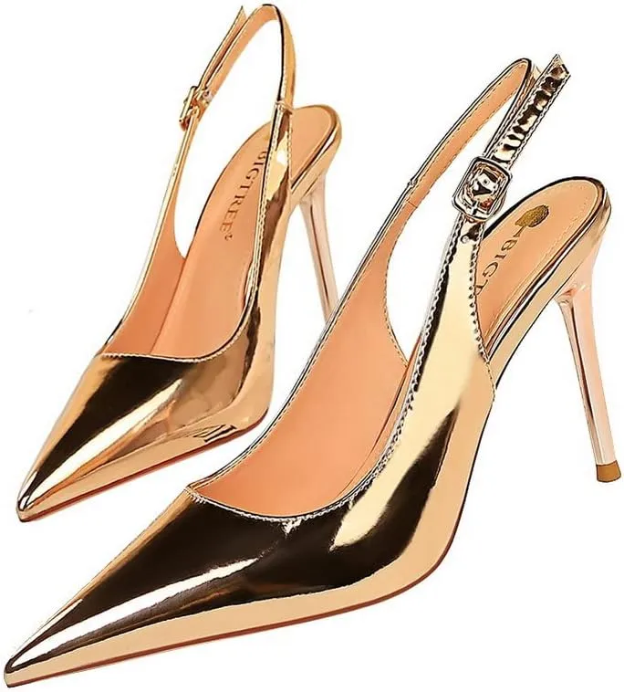 CosyFever Womens DC134 Pointed Toe Adjustable Strap Clasp Patent-Leather High Stiletto Pumps
