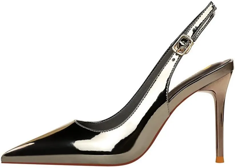 CosyFever Womens DC134 Pointed Toe Adjustable Strap Clasp Patent-Leather High Stiletto Pumps