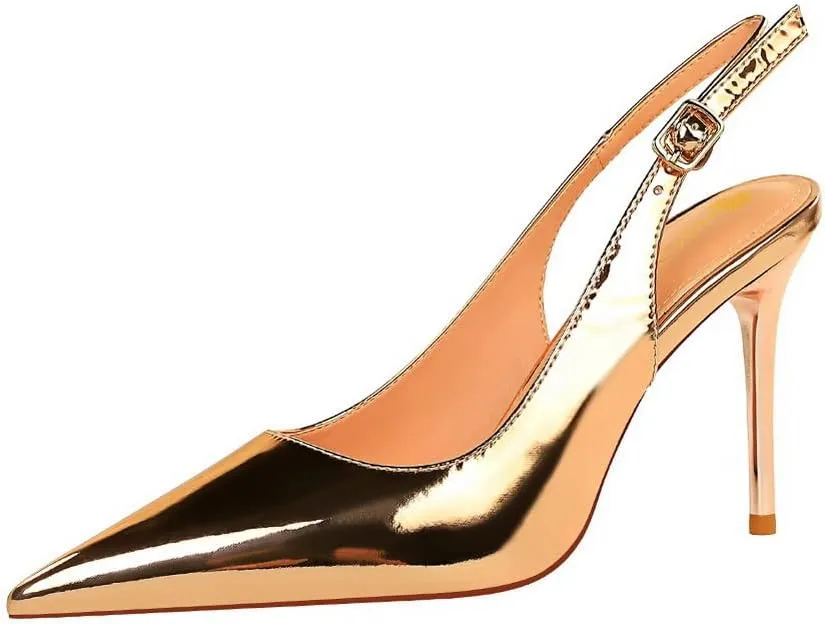 CosyFever Womens DC134 Pointed Toe Adjustable Strap Clasp Patent-Leather High Stiletto Pumps