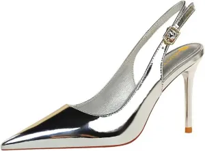 CosyFever Womens DC134 Pointed Toe Adjustable Strap Clasp Patent-Leather High Stiletto Pumps
