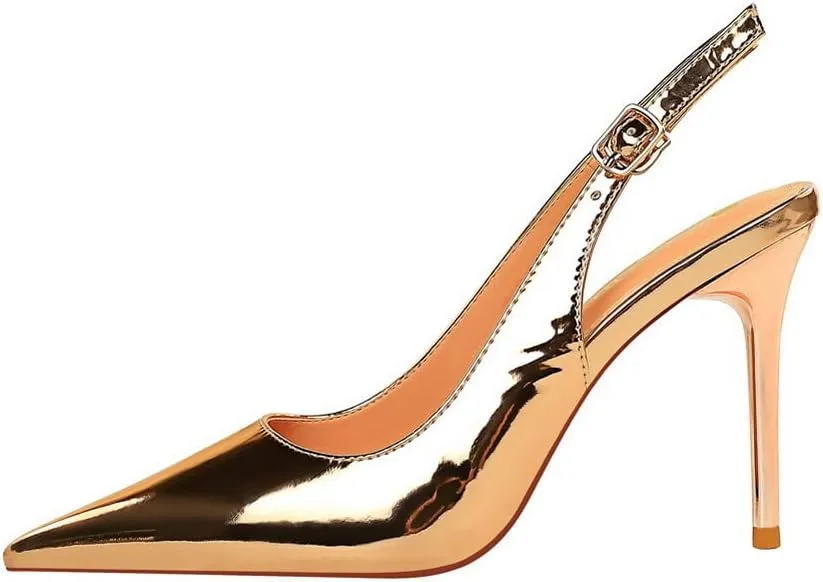 CosyFever Womens DC134 Pointed Toe Adjustable Strap Clasp Patent-Leather High Stiletto Pumps