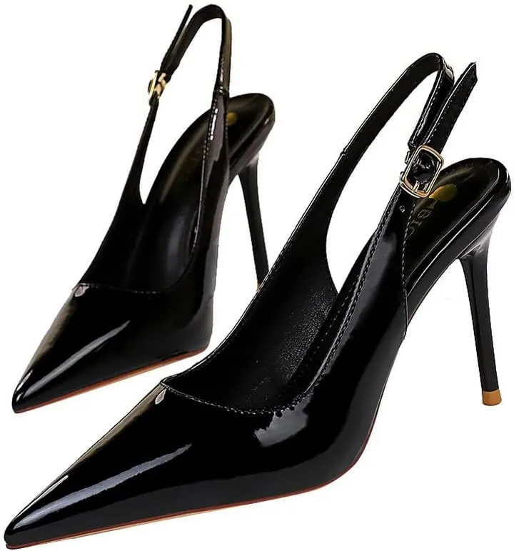 CosyFever Womens DC134 Pointed Toe Adjustable Strap Clasp Patent-Leather High Stiletto Pumps