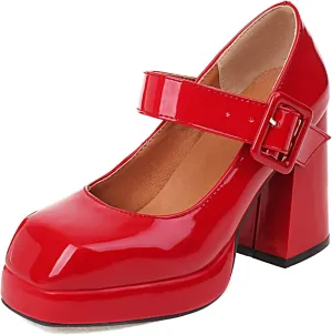 CosyFever Womens DC195 Dress Wedding Chunky Patent-Leather High Chunky Pumps