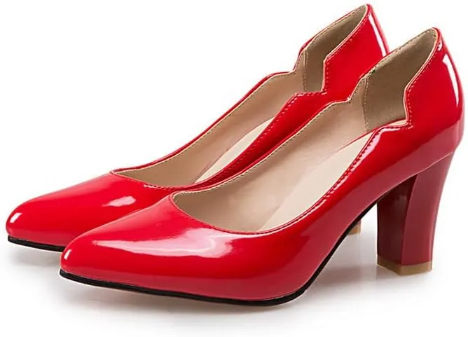 CosyFever Womens DC442 Chunky Dress Pointed Toe Patent-Leather Mid Chunky Pumps