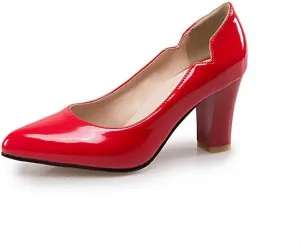 CosyFever Womens DC442 Chunky Dress Pointed Toe Patent-Leather Mid Chunky Pumps