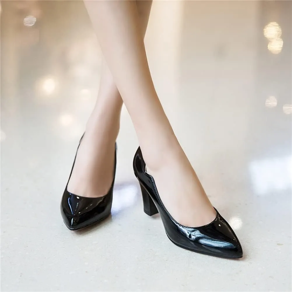 CosyFever Womens DC442 Chunky Dress Pointed Toe Patent-Leather Mid Chunky Pumps