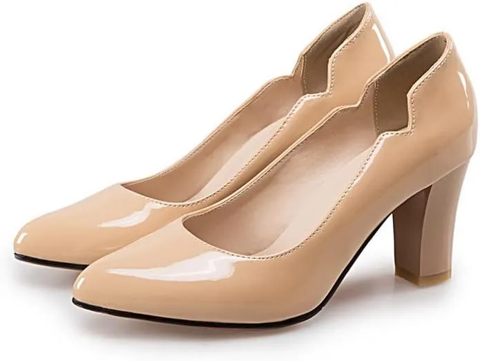 CosyFever Womens DC442 Chunky Dress Pointed Toe Patent-Leather Mid Chunky Pumps