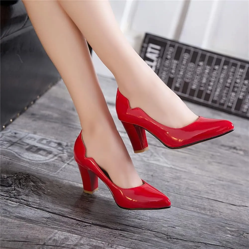 CosyFever Womens DC442 Chunky Dress Pointed Toe Patent-Leather Mid Chunky Pumps
