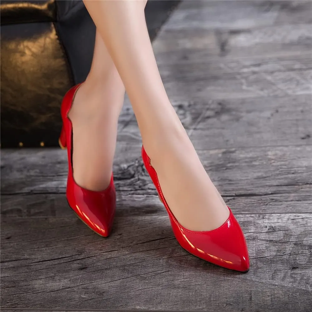CosyFever Womens DC442 Chunky Dress Pointed Toe Patent-Leather Mid Chunky Pumps