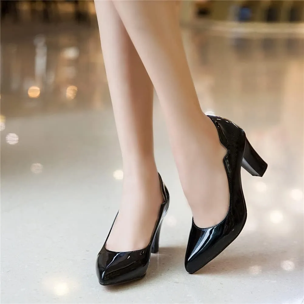 CosyFever Womens DC442 Chunky Dress Pointed Toe Patent-Leather Mid Chunky Pumps