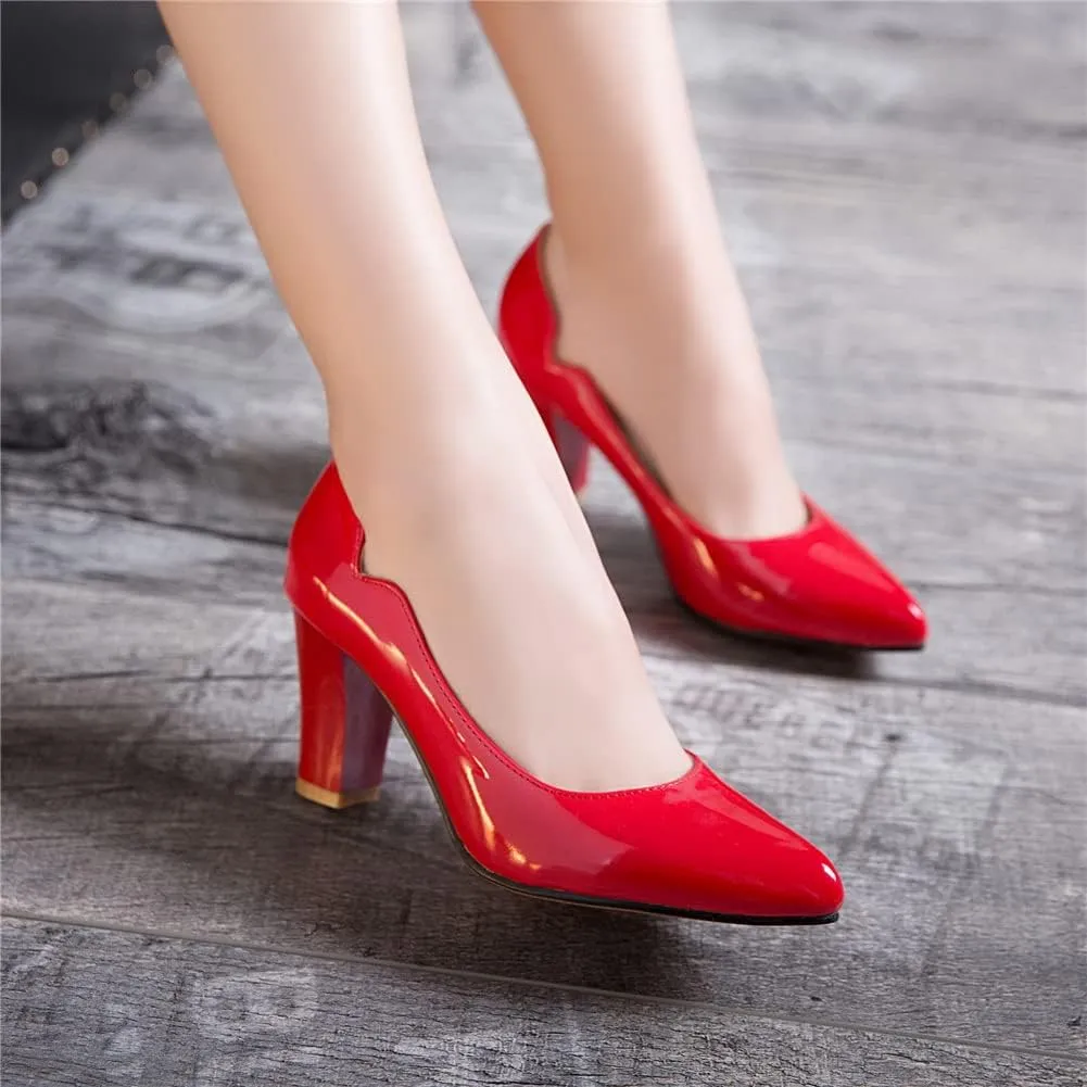 CosyFever Womens DC442 Chunky Dress Pointed Toe Patent-Leather Mid Chunky Pumps