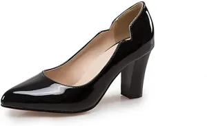 CosyFever Womens DC442 Chunky Dress Pointed Toe Patent-Leather Mid Chunky Pumps