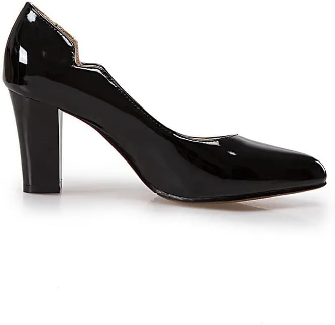 CosyFever Womens DC442 Chunky Dress Pointed Toe Patent-Leather Mid Chunky Pumps
