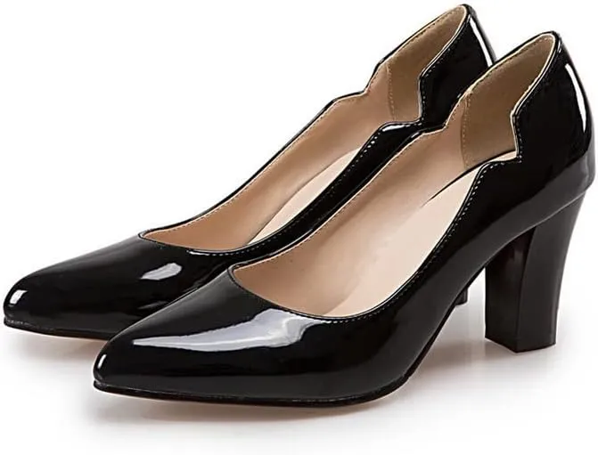 CosyFever Womens DC442 Chunky Dress Pointed Toe Patent-Leather Mid Chunky Pumps