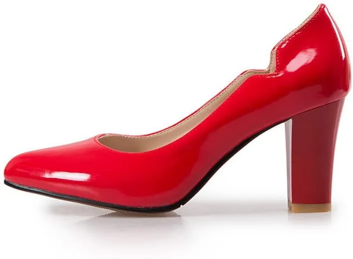 CosyFever Womens DC442 Chunky Dress Pointed Toe Patent-Leather Mid Chunky Pumps