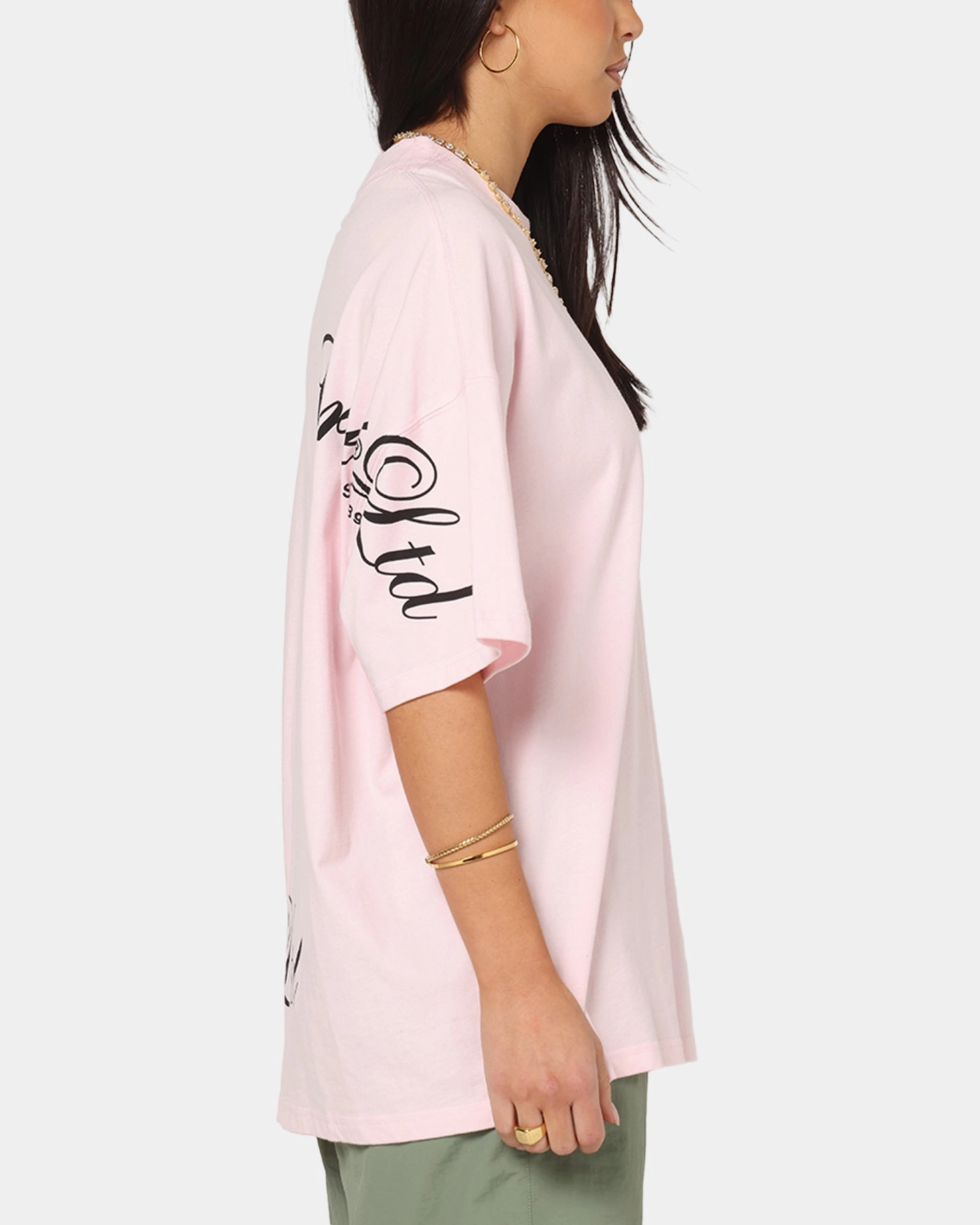 Daily Comfort Style Classic Layer Carre Side Script Oversized T-Shirt Pink