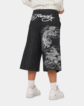 Ed Hardy Shinjuku Jorts Black Pinstripe SoftCottonBlend Soft Texture