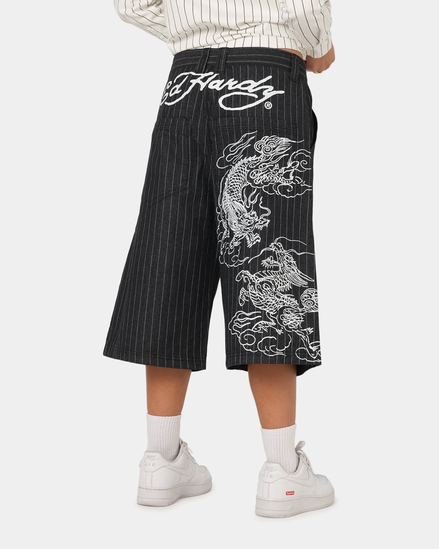 Ed Hardy Shinjuku Jorts Black Pinstripe SoftCottonBlend Soft Texture